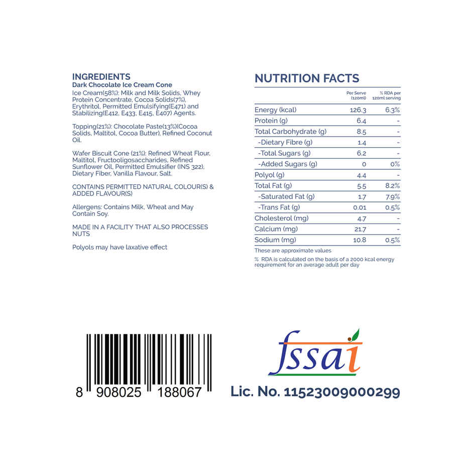 Get-A-Way Dark Chocolate Ice Cream Cone | Zero Added Sugar