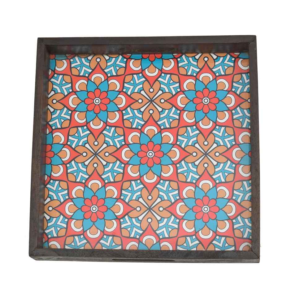 Oggn Blue Floral Printed Wooden Brown Square Tray 12x12