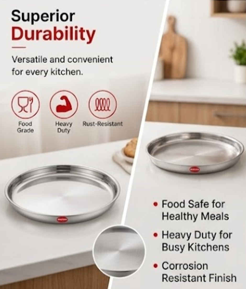 Jensons Stainless Steel Dinner Plate Set of 4 | 26cm Large Thali Plates | Food Grade Steel