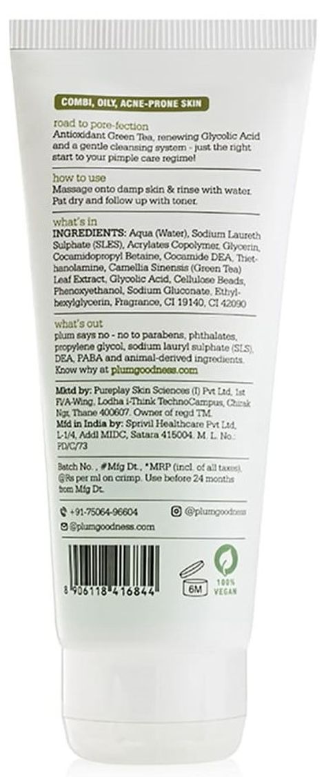 Plum Green Tea Pore Cleansing Face Wash Fights Pimples & Removes Excess Oil Enriched With Green Tea & Glycolic Acid Best Suits Oily Acne-Prone Combination Skin 100% Vegan