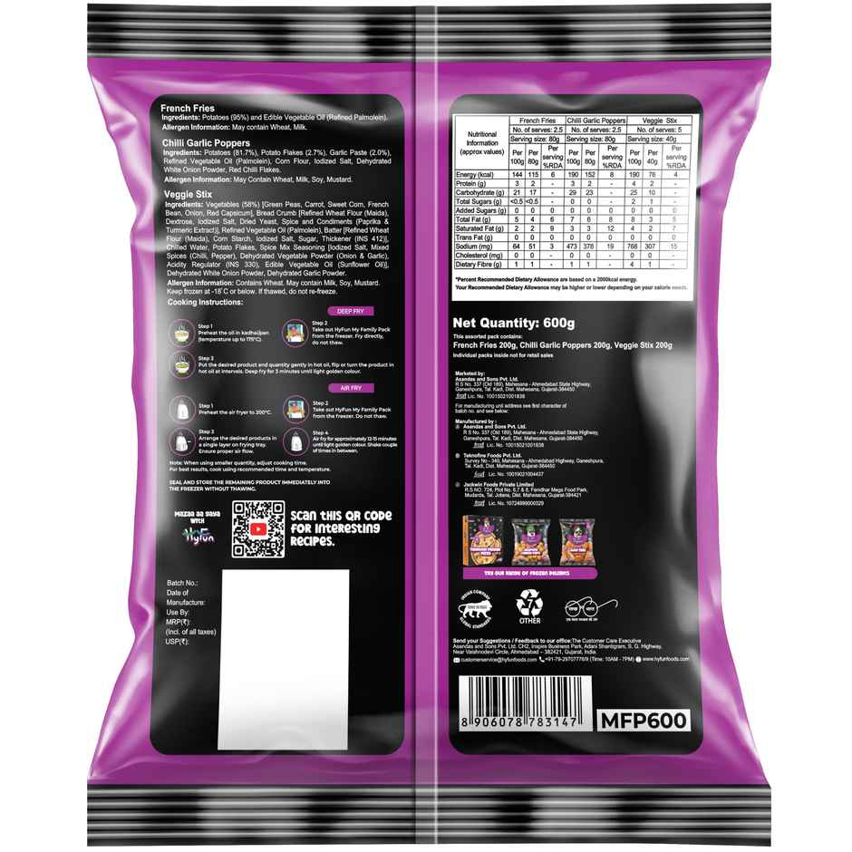 HyFun My Family Pack | 3-in-1 French Fries, Chilli Garlic Poppers & Veggie Stix | Frozen
