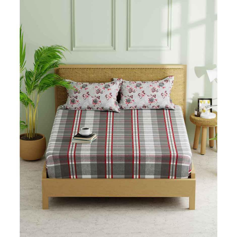 Kopa Extra Smooth Micro Double Bedsheet With 2 Pillow Covers | Set of 3 | Lorenzo Checks | Red Grey