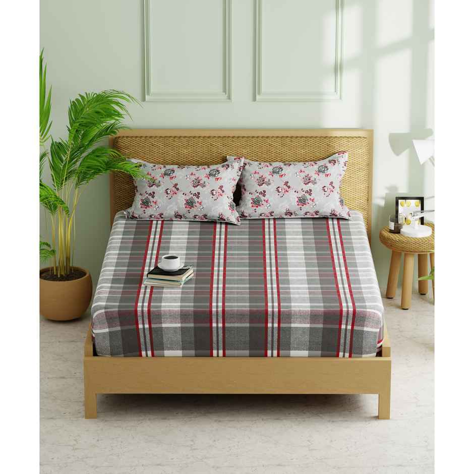 Kopa Extra Smooth Micro Double Bedsheet With 2 Pillow Covers | Set of 3 | Lorenzo Checks | Red Grey
