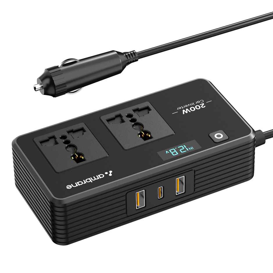 Ambrane 200W Car Power Inverter/Laptop Charger | Charge 5 Devices | SmartStrip Auto | Black