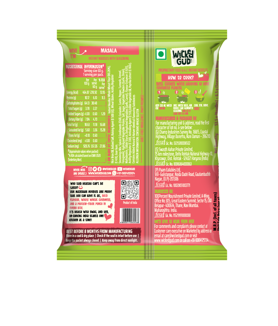 WickedGud Whole Wheat Masala Noodles | No Maida | No Palm Oil | Source of Protein