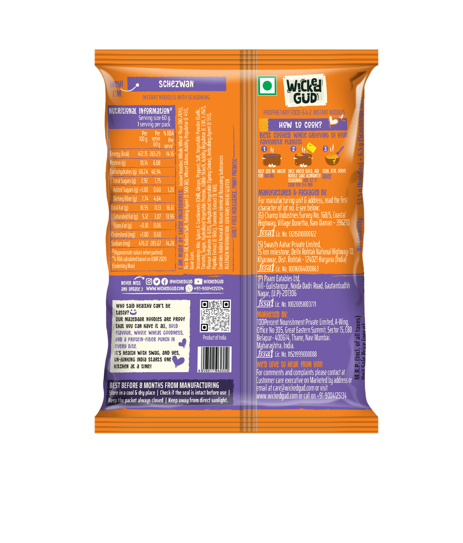 WickedGud Whole wheat Schezwan Noodles | No Maida | No Palm Oil | Source of Protein