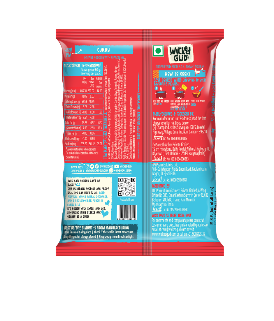 WickedGud Whole Wheat Curry Noodles | No Maida | No Palm Oil | Source of Protein