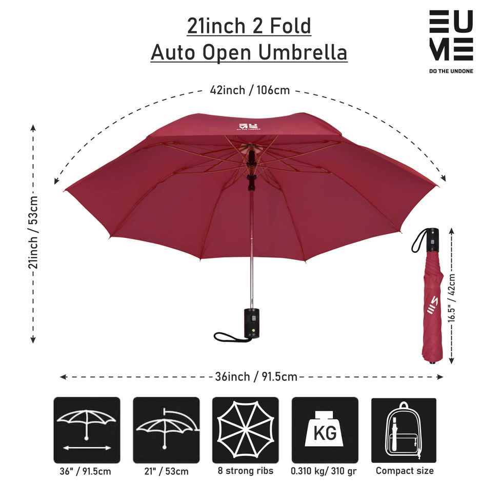 EUME Leatrix Auto-Open Lemon Umbrella | Maroon | 21 Inch | 2 Fold
