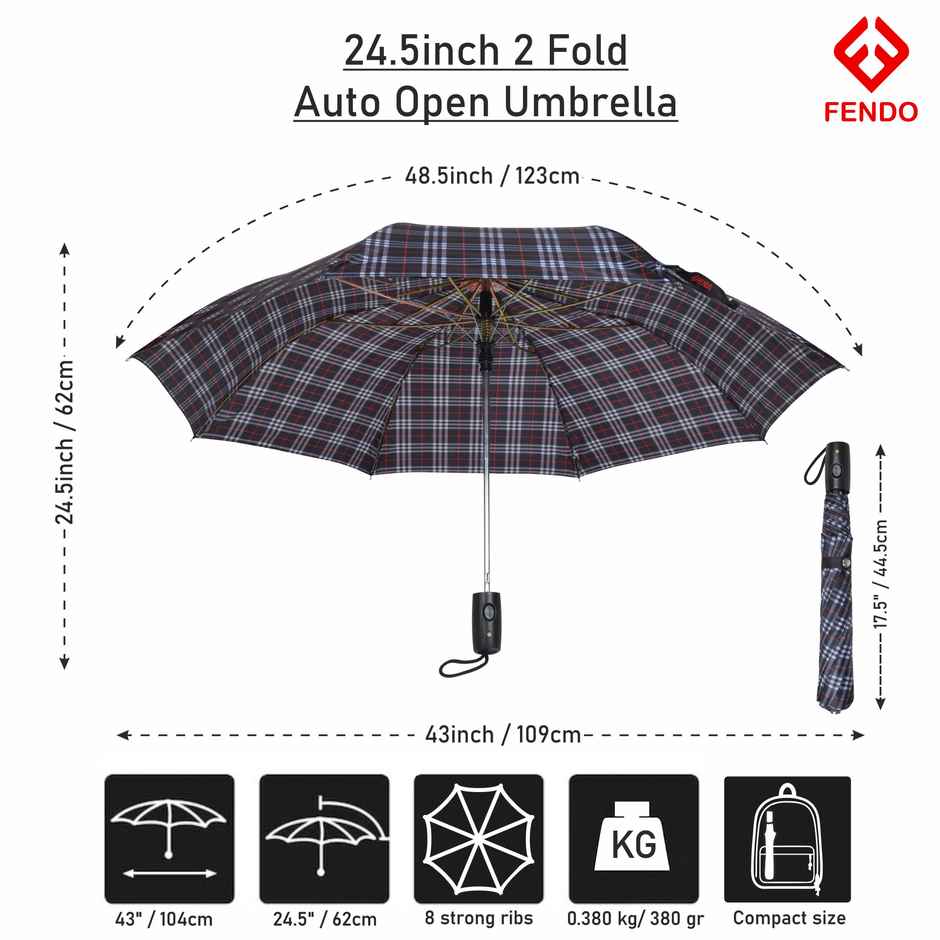 Fendo Emmott 2 Fold Auto Open 24.5 Inch Sun & Rainproof Regular Umbrella| Blue Checks