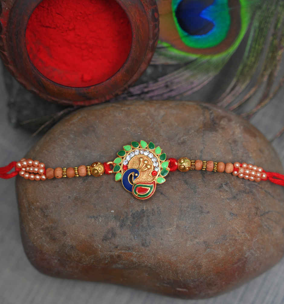 Aurum Peacock Rakhi With Meenakari And Beads