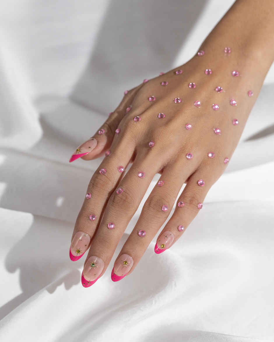 Pep Nails Blush & Bling Pink Gemstone Medium Almond Reusable Press On Nails | 24 Nail Tips