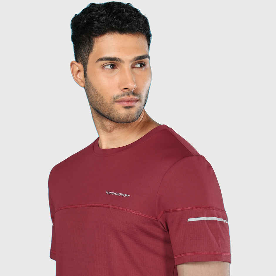 Technosport Men's Poly Solid Slim Fit Round Neck Sports T-shirt | Berry Red - 2XL
