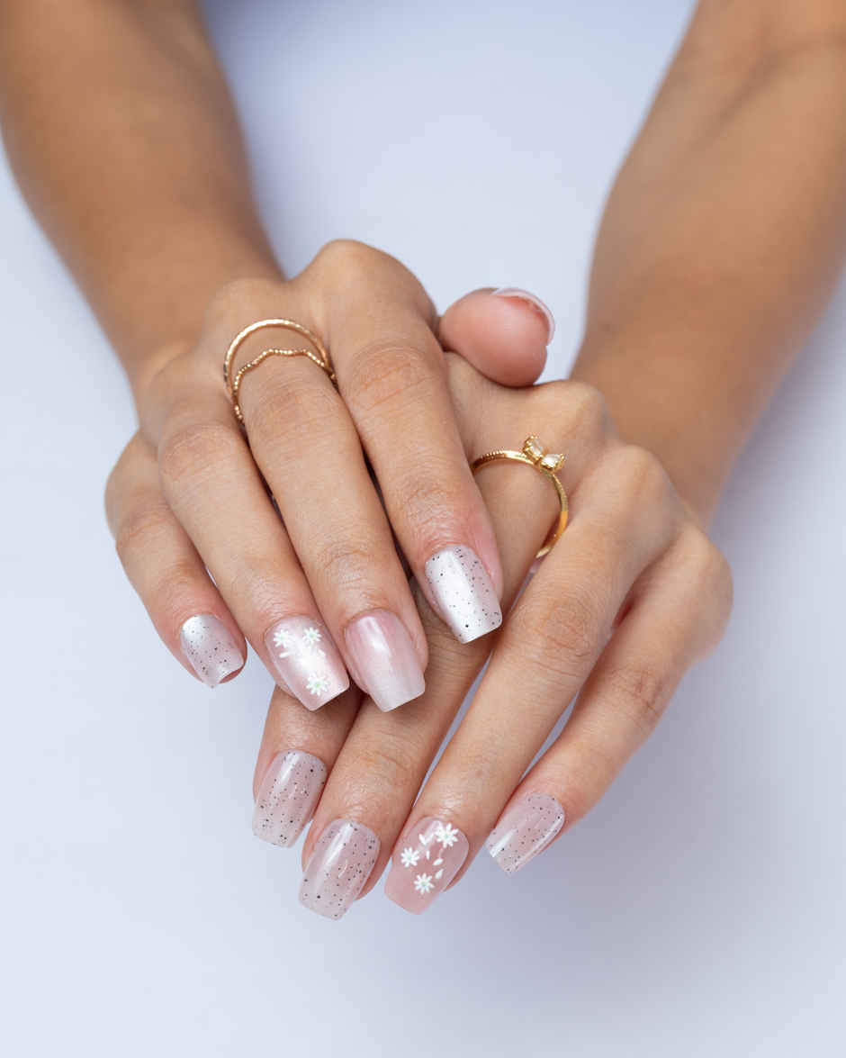 Pep Nails Whispers Medium Coffin Floral Nude Cat Eye Reusable Press On Nails 30 Nail Tips