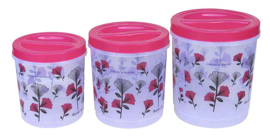 Princeware Twister Aata/dal/rice Container Set of 3 Pcs | 5.1 L+7.1 L+ 9.7 L | Printed- Pink