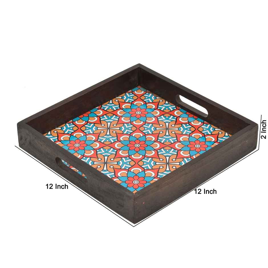 Oggn Blue Floral Printed Wooden Brown Square Tray 12x12