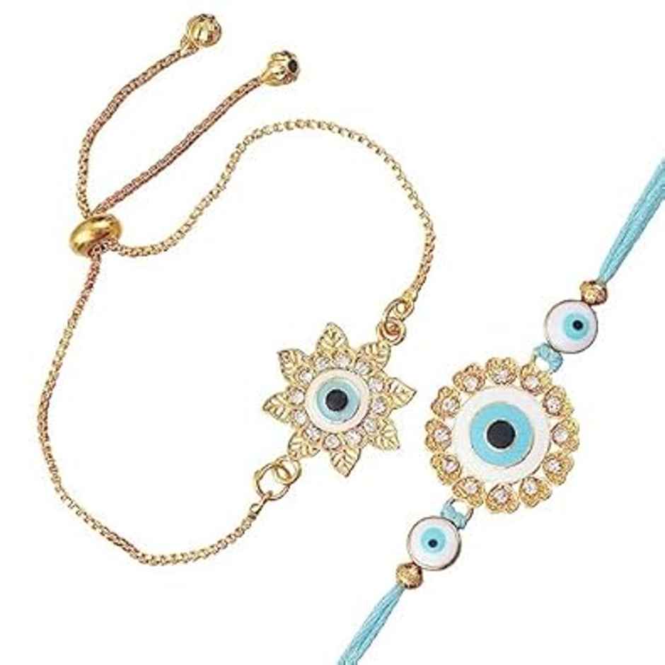 Bhaiya Bhabhi Bracelet Rakhi | Floral Evil Eye Designer | Includes Roli Chawal | Pack of 2 | Ecraftindia