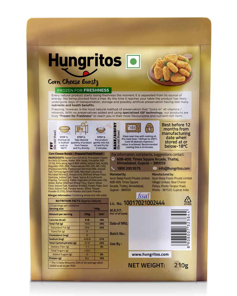 Hungritos Corn Cheese Burstz | Frozen Snack