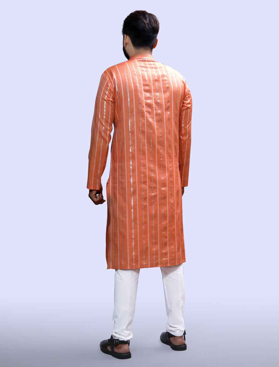 Tibra Collection Men Kurta - Orange | Solid | Thin Striped | Cotton Blend | M