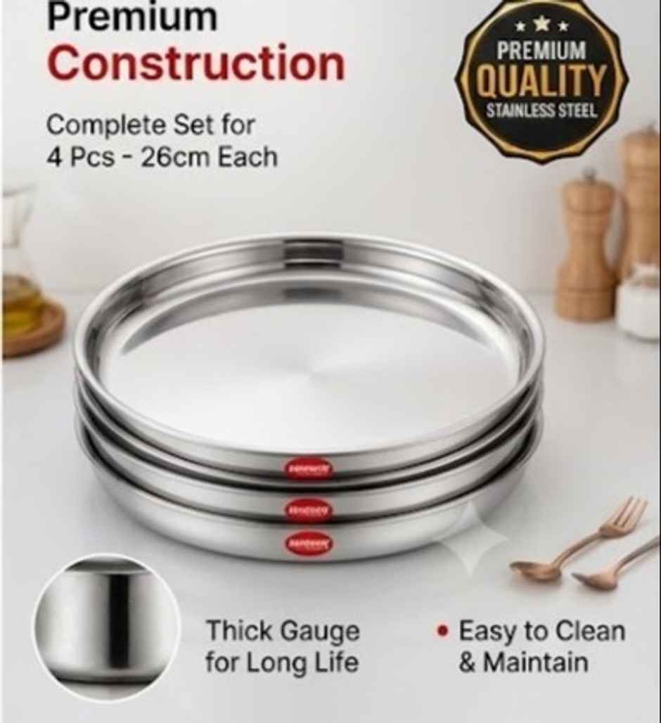 Jensons Stainless Steel Dinner Plate Set of 4 | 26cm Large Thali Plates | Food Grade Steel