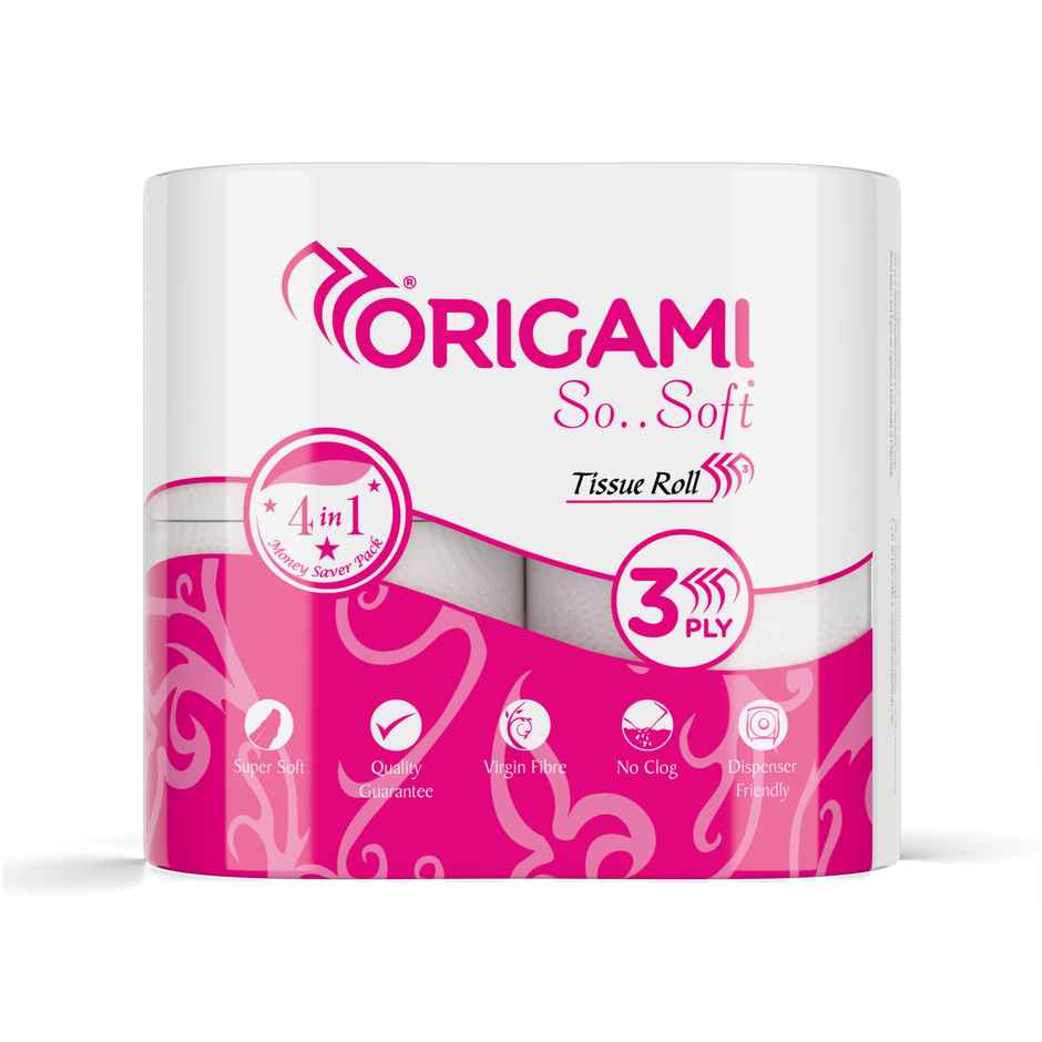 Origami Soft 4 in 1 Toilet Tissue Roll | 3 Ply | 340 Pulls Each | Pack of 4