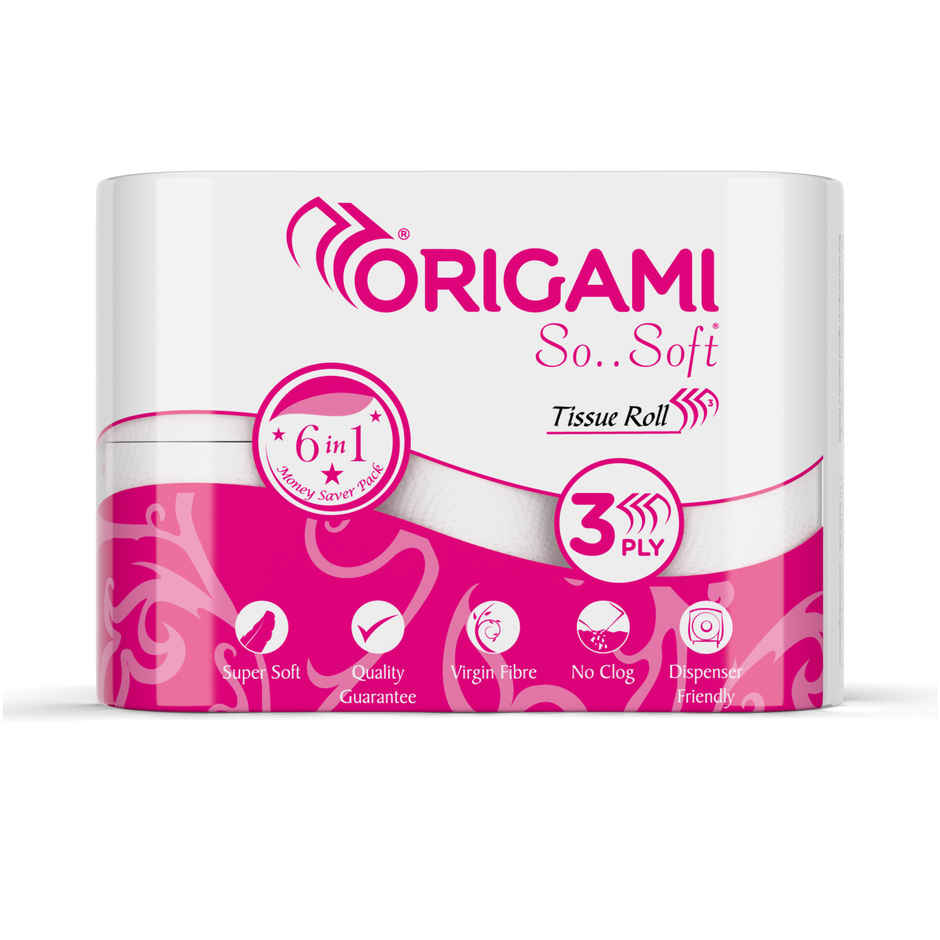 Origami 3Ply Soft Toilet Tissue Roll Super Absorbent with Anticlog Tech Pack of 6, 160 Pulls Each