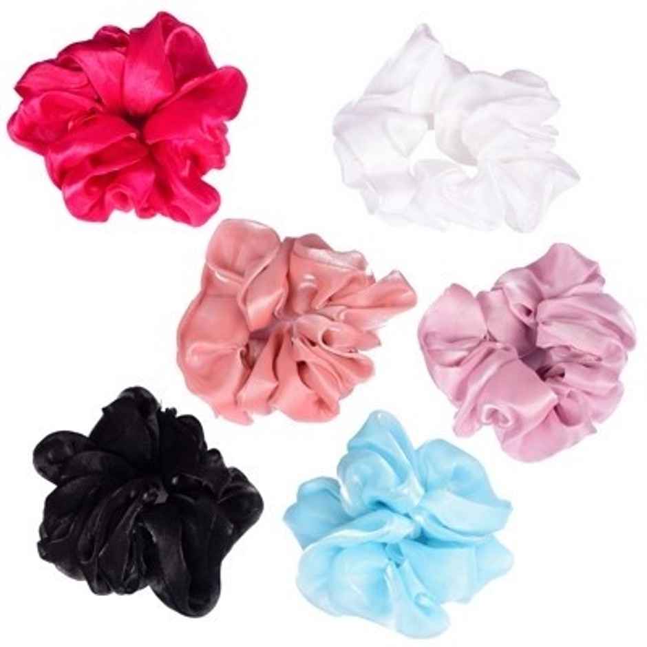 Satin Silk Regular Scrunchies-Navy Blue, Grey, Light Sea Green, Onion Pink, Peach, Red Set Of 6