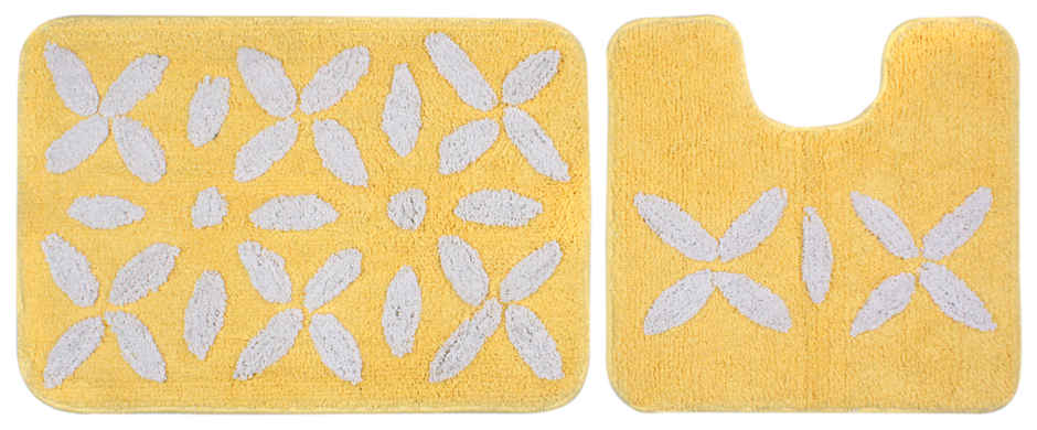 Saral Home Cotton Anti-Slip Bathmat & Contour Set | Yellow - 40 x 60 & 40 x 45 cm