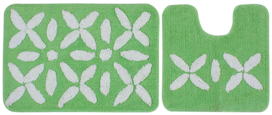 Saral Home Cotton Anti-Slip Bathmat & Contour Set | Green - 40 x 60 & 40 x 45 cm