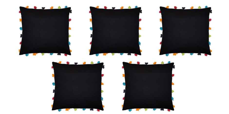 Lushomes Boho Cushion Cover - Black | Tassels & Pom Pom | 18 x 18 inch