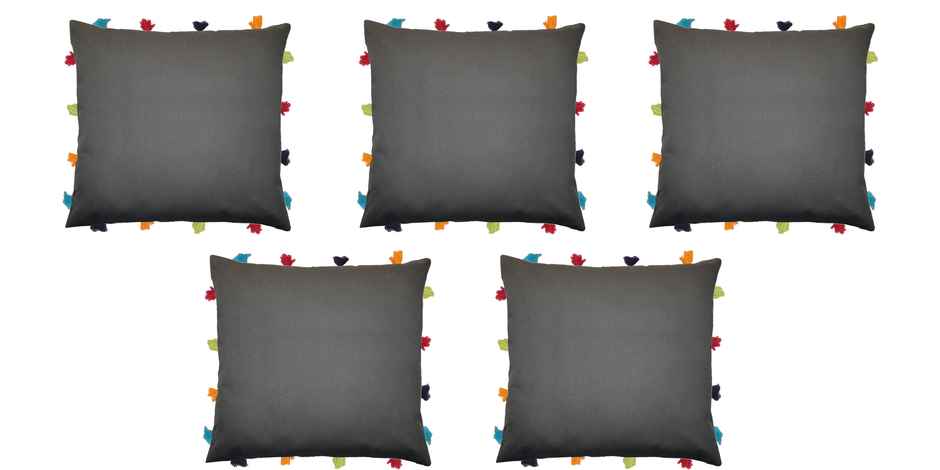 Lushomes Cushion Cover with Pom Pom - Grey | 14 x 14 inch