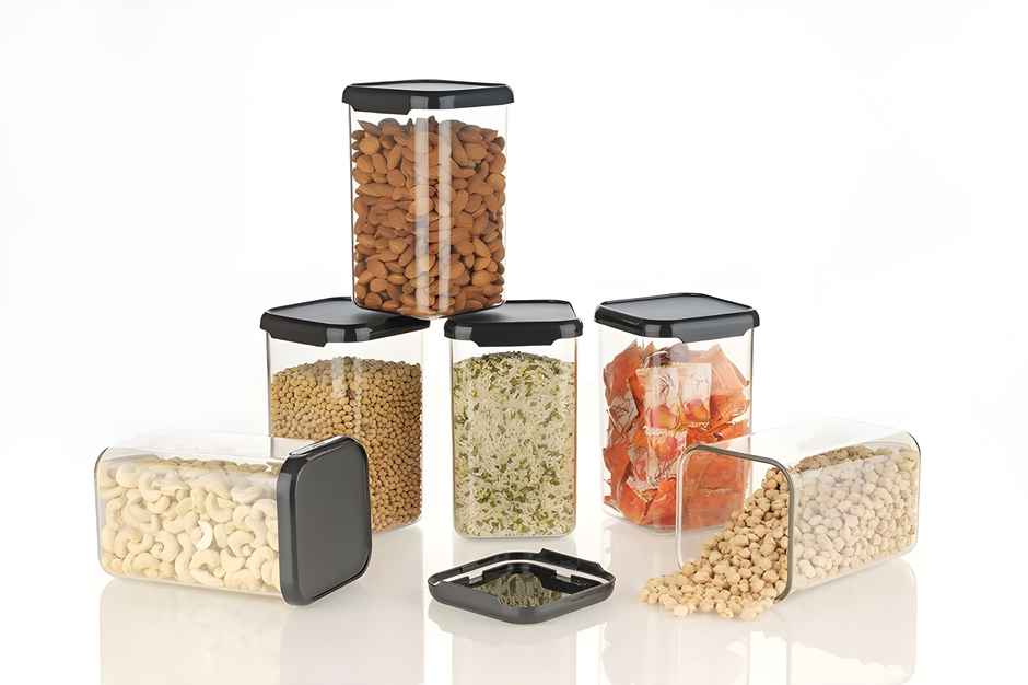 YouBee 1100 ml Multipurpose Plastic Storage Jar and Kitchen Storage Container | Set of 6 | Black