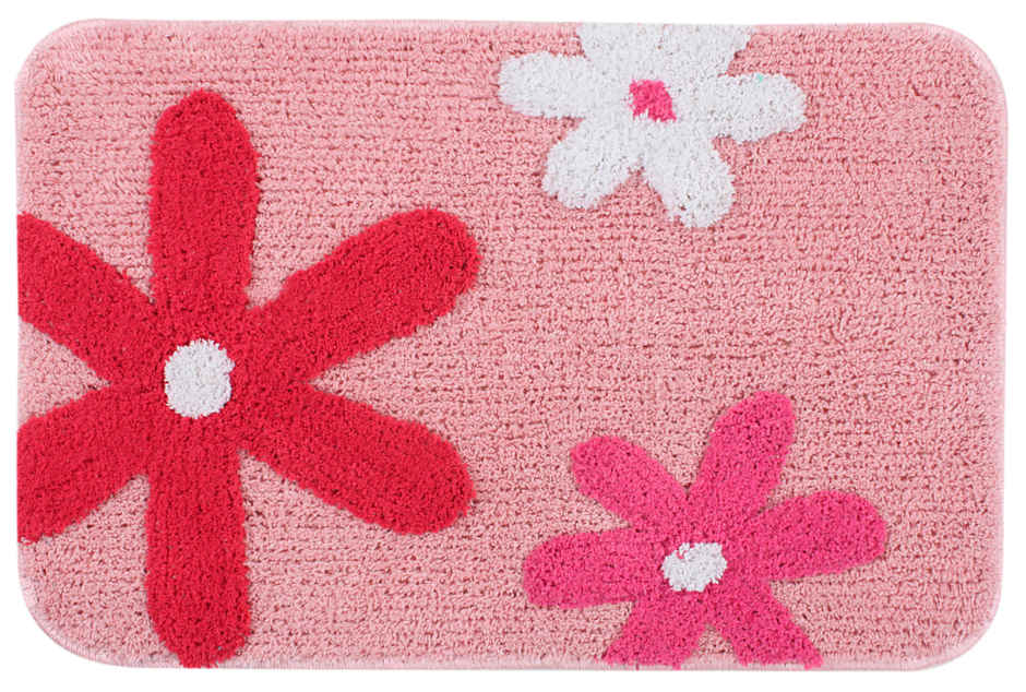 Saral Home Cotton Flower Print Anti-Slip Bathmat | 40 x 60 cm | Pink