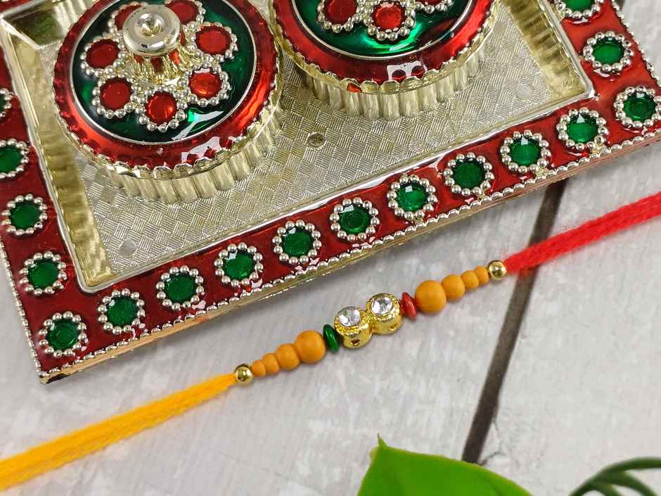 Gullak Diamante and Beaded Wood Rakhi - Elegant and Natural