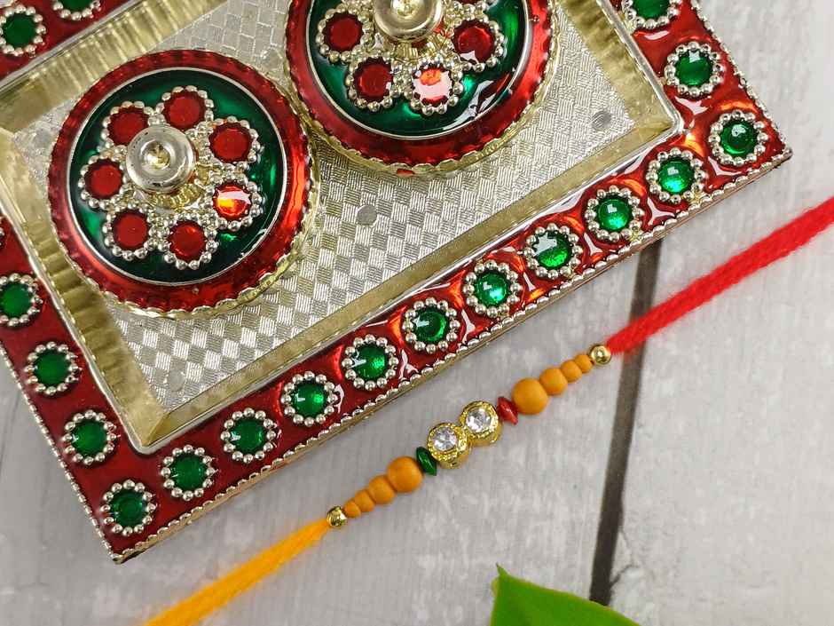 Gullak Diamante and Beaded Wood Rakhi - Elegant and Natural