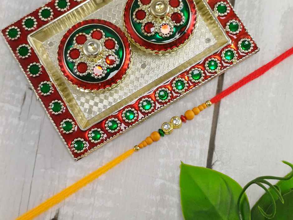 Gullak Diamante and Beaded Wood Rakhi - Elegant and Natural