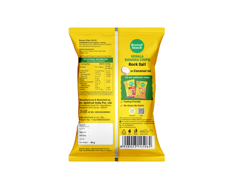 Beyond Snack Kerala Banana Chips - with Coconut Oil & Rock Salt Combo