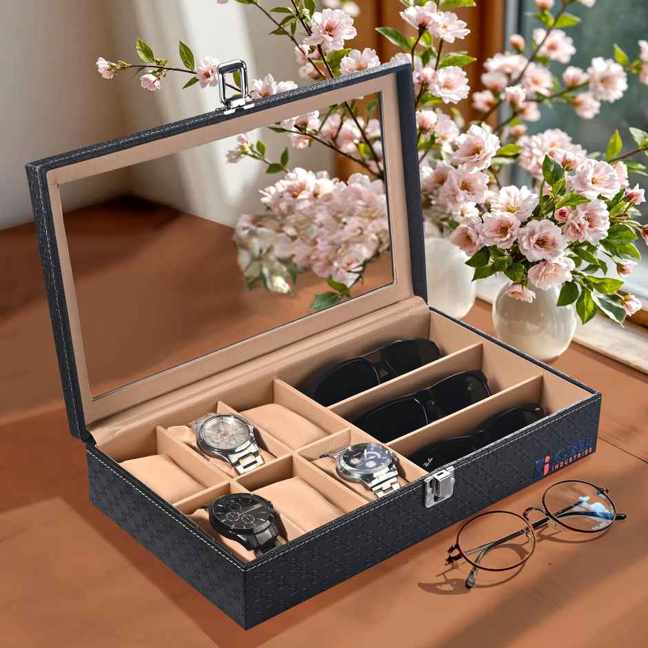 Kuber Industries Premium Faux Leather 6+3 Slots Organizer | Sunglasses Storage | Black & Golden