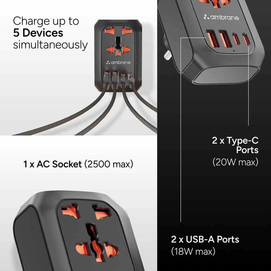 Ambrane 5 in 1 fasr charger Multi Charger device USB- A Ports & Type C ports AC socket | Black