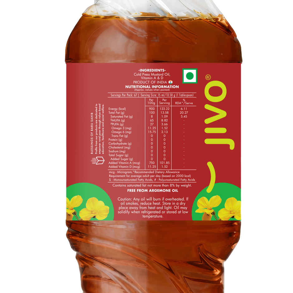 Jivo Kachi Ghani Mustard (Sarson) Cold Pressed Oil | Healthy Cooking Oil