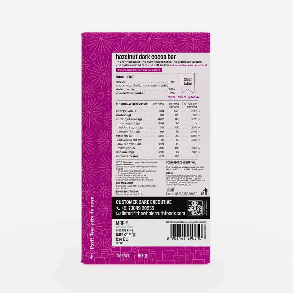 The Whole Truth Dark Cocoa Bar - Hazelnut | 80 g | Sweetened with dates