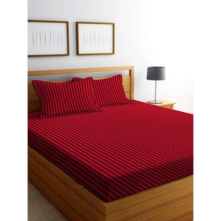 Dream Living Solid Stripe King Bedsheet | With 2 Pillow Covers | Maroon | 108 x 108 in