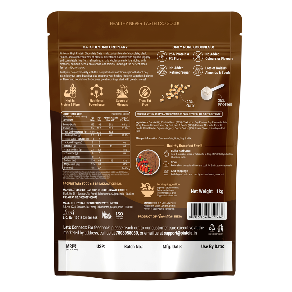 Pintola High Protein Oats Dark Chocolate With Almonds Raisin Pumpkin And Chia Seeds Combo