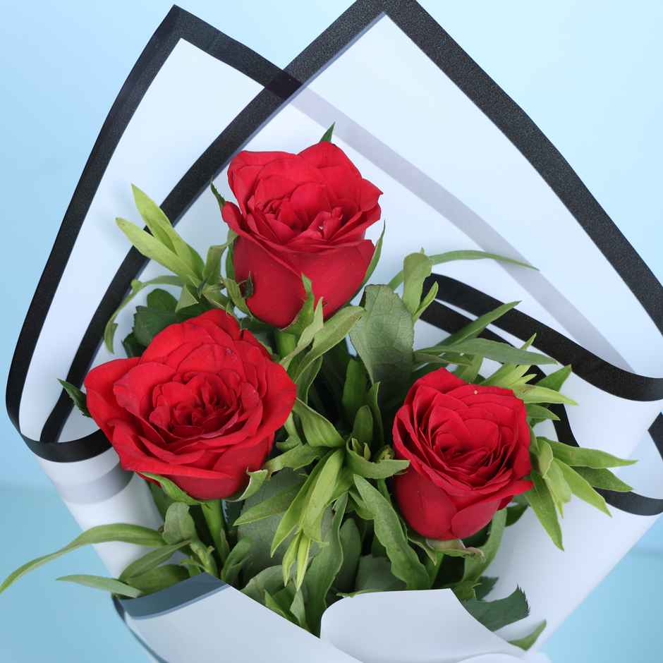 Floweraura Red Roses In White Paper (3pc) & Chocolate Mousse Cake (1pc) Combo