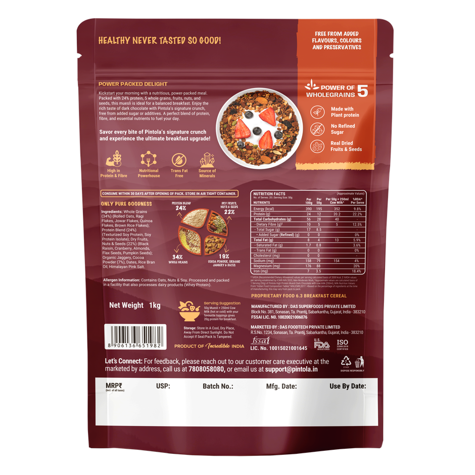 Pintola High Protein Muesli Dark Chocolate & Cranberry, 24 g Protein, High Fibre, Trans Fat Free