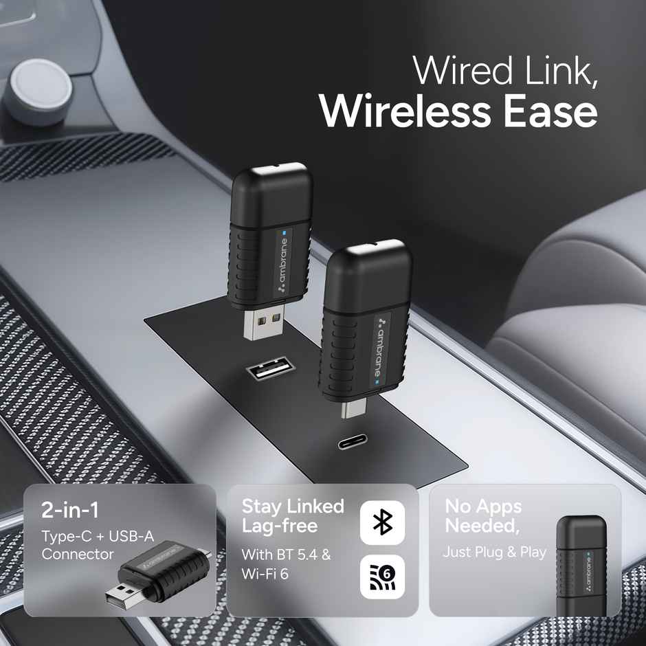 Ambrane 2 -in -1 Wireless Carplay Receiver Android Auto/ USB A /Type C Car Link | Black
