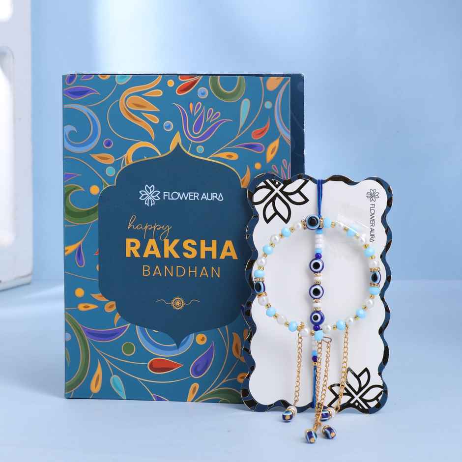 FlowerAura Bhaiya Bhabhi Turquoise Traditional Premium Stone and Pearl Rakhi - Elegant Pair