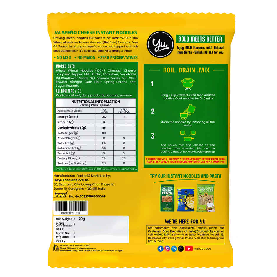 Yu Jalapeno Cheese - Whole Wheat Instant Noodles | Pack Of 2 Combo