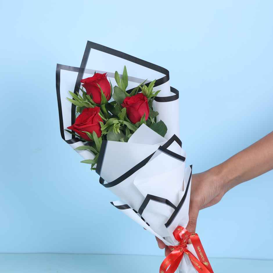 Floweraura Red Roses In White Paper (3pc) & Chocolate Mousse Cake (1pc) Combo