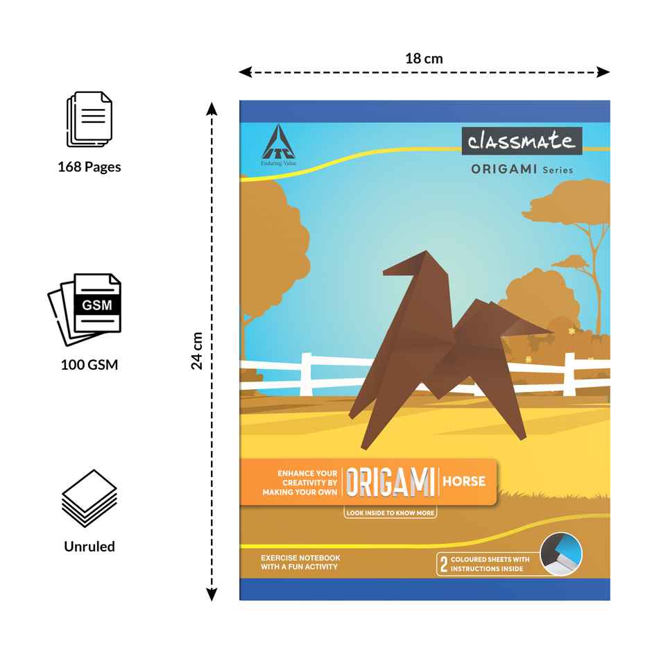 Classmate Origami Unruled Notebook | 168 Pages | 24 x 18 cm | Assorted