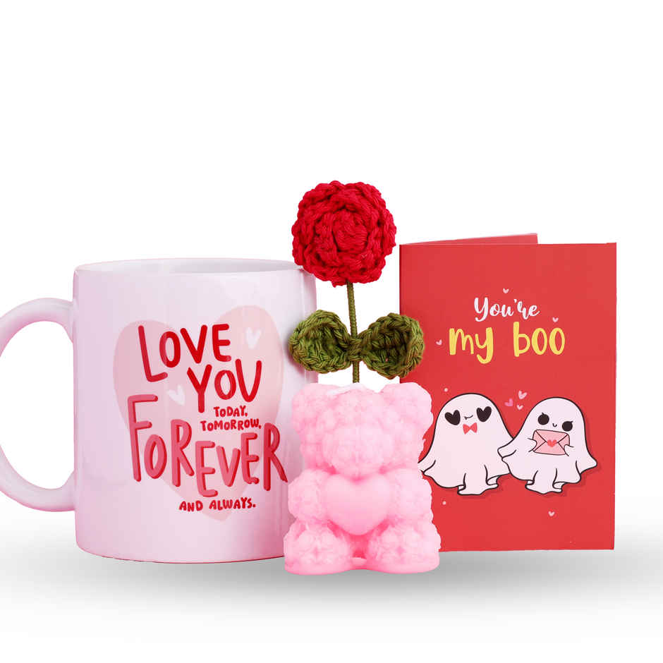 Forever Moments Mug Gift Hamper with Crochet Flower Magnet and Teddy Candle | Oye Happy